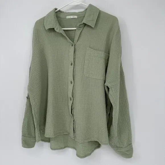 Be Cool Womens M/L Sage Green Gauze Cotton Button Front Roll Tab Oversized Top - Picture 3 of 12